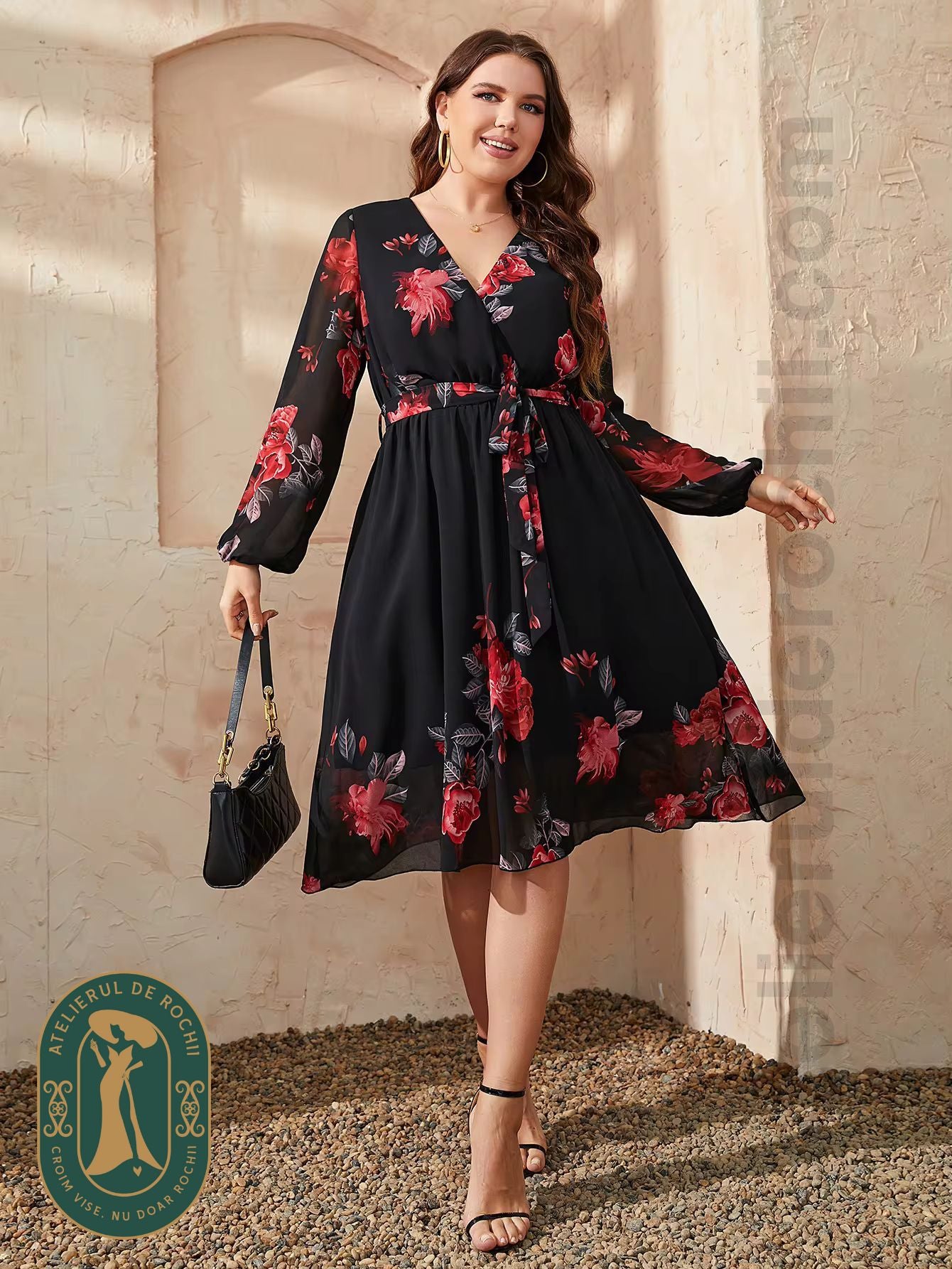 Rochie Alisha neagra floral - model AR33